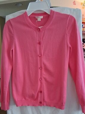 Classic Crewneck Button-Up Cardigan in Pink Girls Size-12